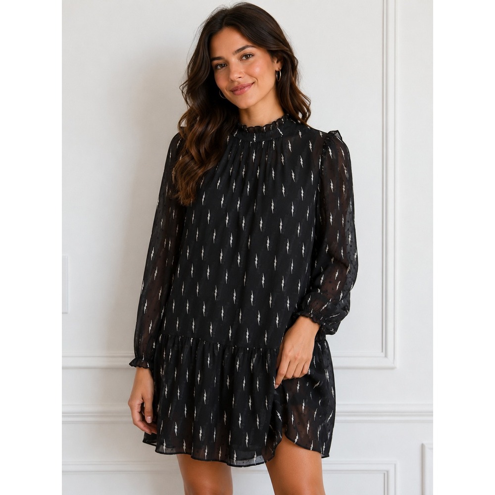 eesome‎ Black Swiss Dot Ruffle High Neck Mini Dress Large Celestial Whimsigoth